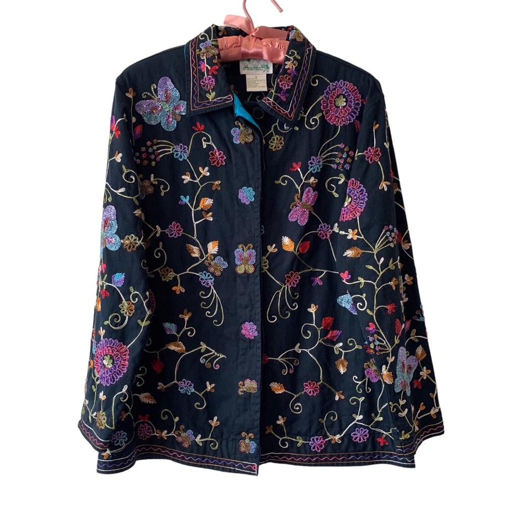 THE QUACKER FACTORY VINTAGE BEADED FLORAL FRONT BUTTON CLOSURE KIMONO JACKET